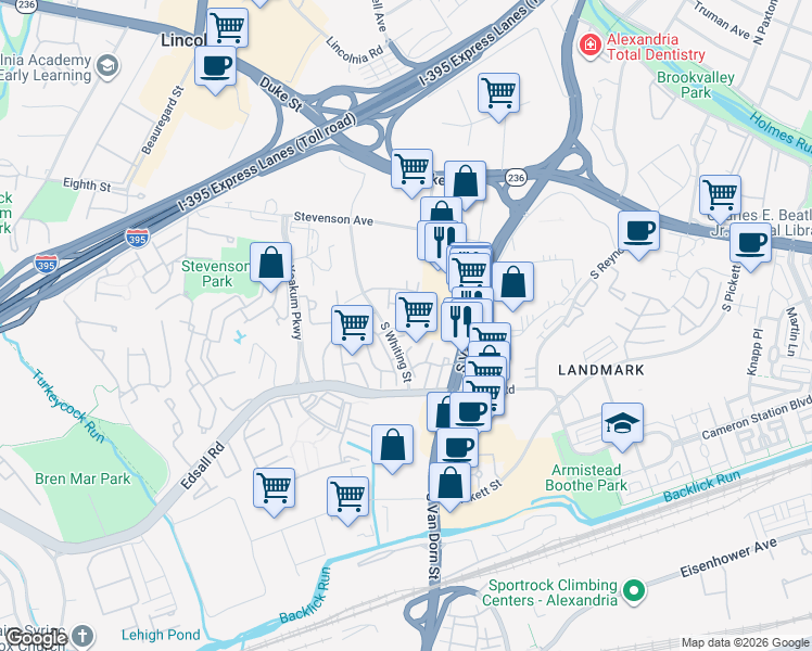 map of restaurants, bars, coffee shops, grocery stores, and more near 346 South Whiting Street in Alexandria