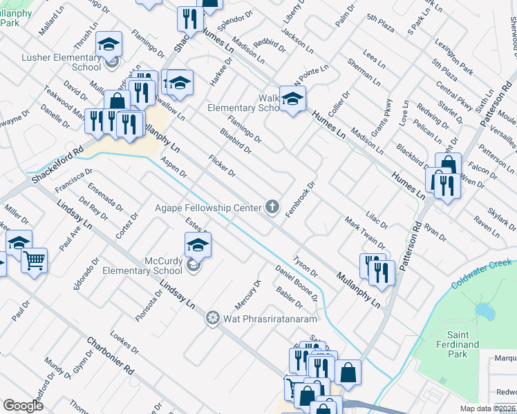 map of restaurants, bars, coffee shops, grocery stores, and more near 1145 Mullanphy Lane in Florissant