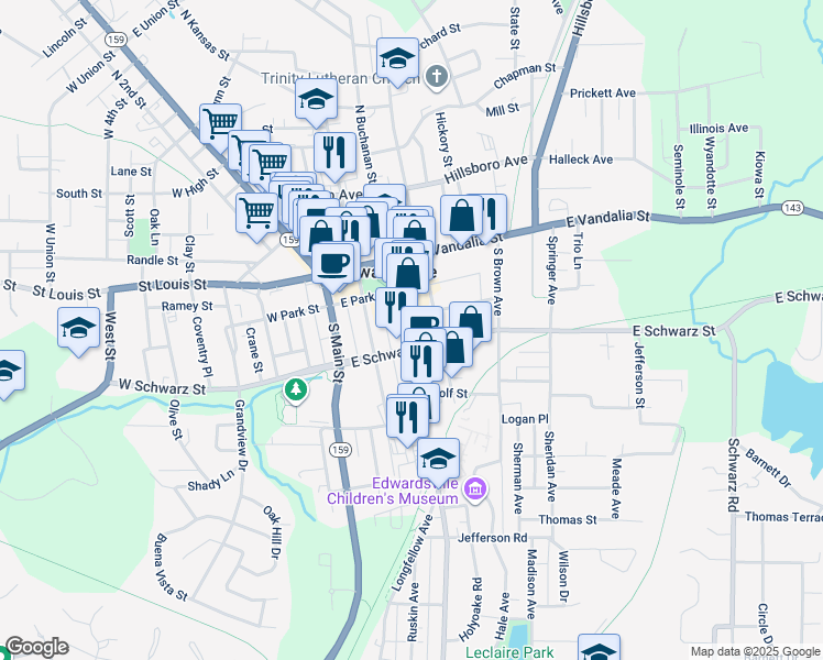 map of restaurants, bars, coffee shops, grocery stores, and more near 246 South Buchanan Street in Edwardsville
