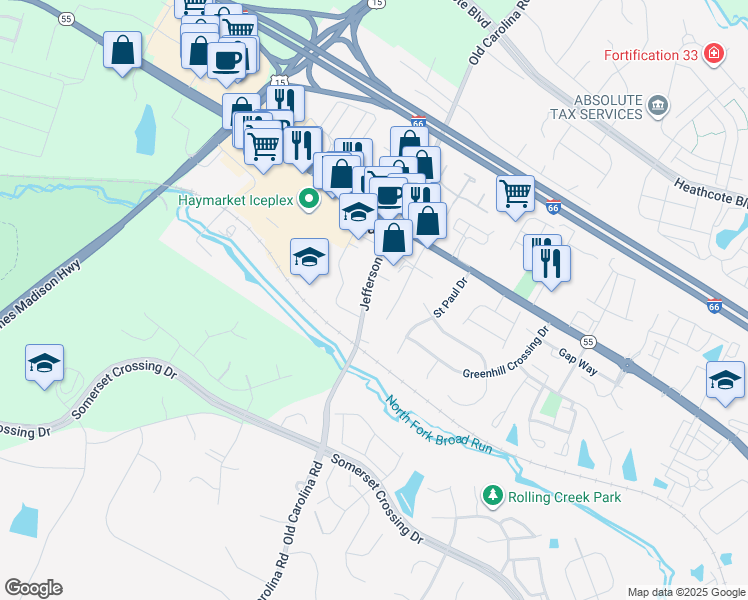 map of restaurants, bars, coffee shops, grocery stores, and more near 6791 Jefferson Street in Haymarket
