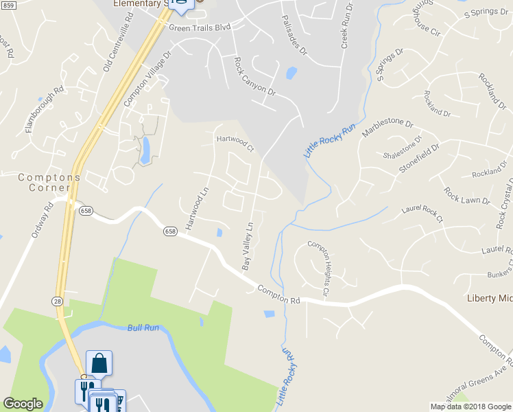 map of restaurants, bars, coffee shops, grocery stores, and more near 14126 Rocky Valley Drive in Centreville