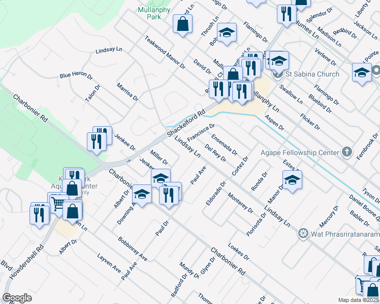 map of restaurants, bars, coffee shops, grocery stores, and more near 1420 Lindsay Lane in Florissant