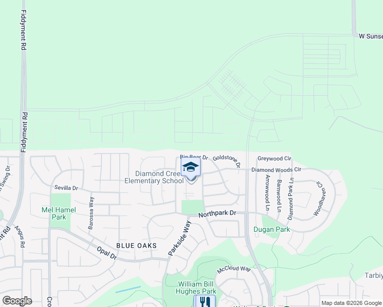map of restaurants, bars, coffee shops, grocery stores, and more near 3209 Big Bear Drive in Roseville