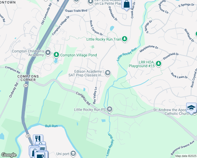 map of restaurants, bars, coffee shops, grocery stores, and more near 14126 Rocky Valley Drive in Centreville