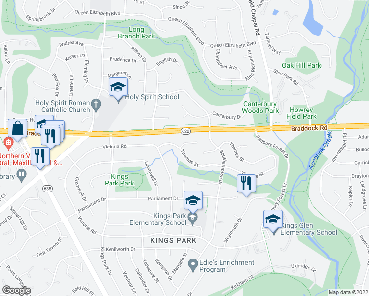 map of restaurants, bars, coffee shops, grocery stores, and more near 8614 Thames Street in Springfield