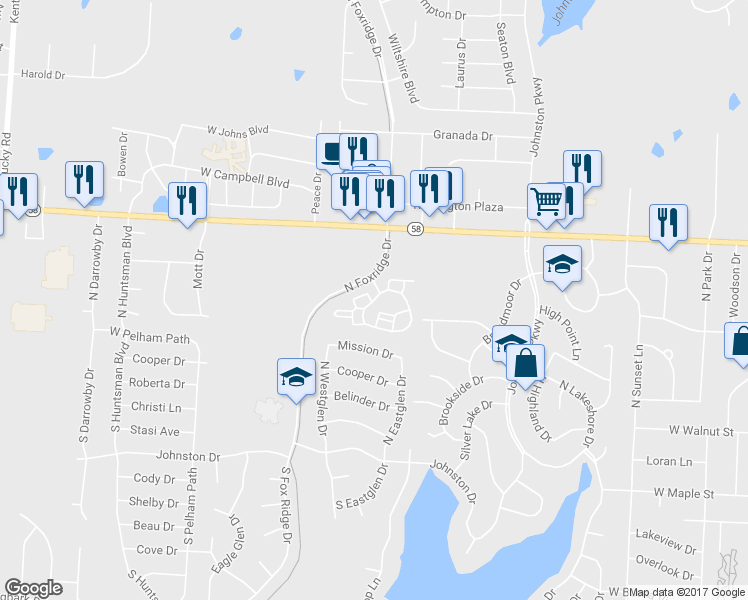 map of restaurants, bars, coffee shops, grocery stores, and more near North Fox Ridge Drive in Raymore