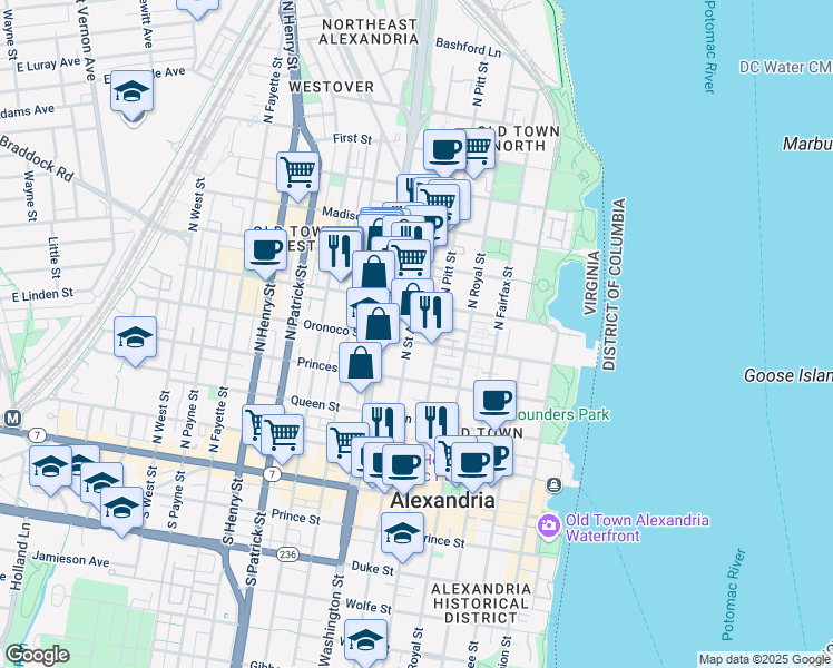 map of restaurants, bars, coffee shops, grocery stores, and more near 503 North Saint Asaph Street in Alexandria