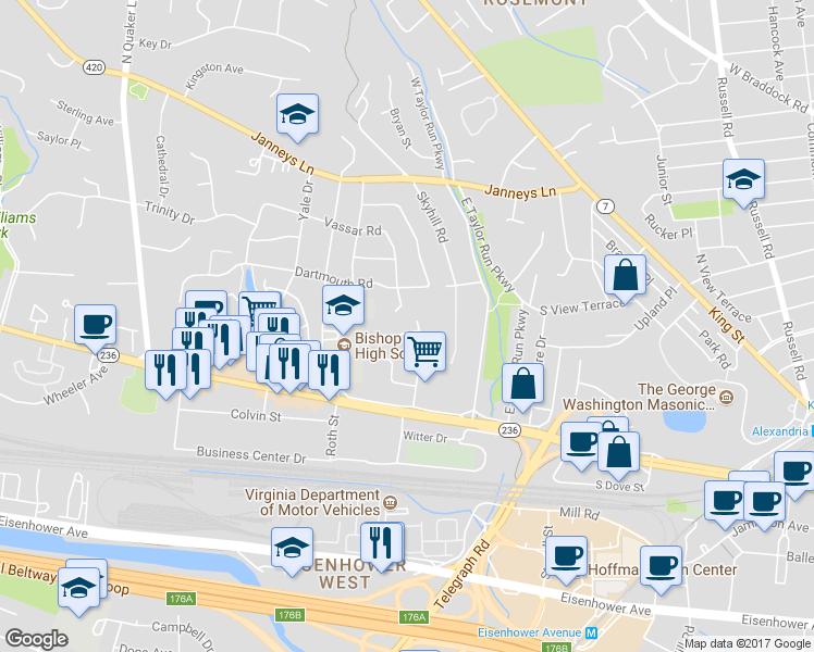 map of restaurants, bars, coffee shops, grocery stores, and more near 210 Longview Drive in Alexandria