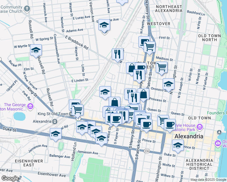 map of restaurants, bars, coffee shops, grocery stores, and more near 1403 Princess Street in Alexandria