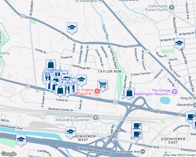 map of restaurants, bars, coffee shops, grocery stores, and more near 210 Longview Drive in Alexandria