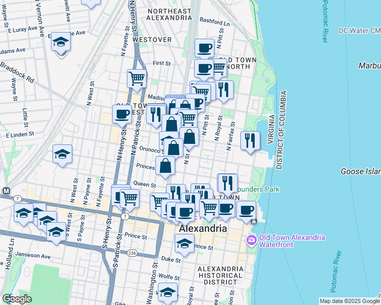 map of restaurants, bars, coffee shops, grocery stores, and more near 503 North Saint Asaph Street in Alexandria