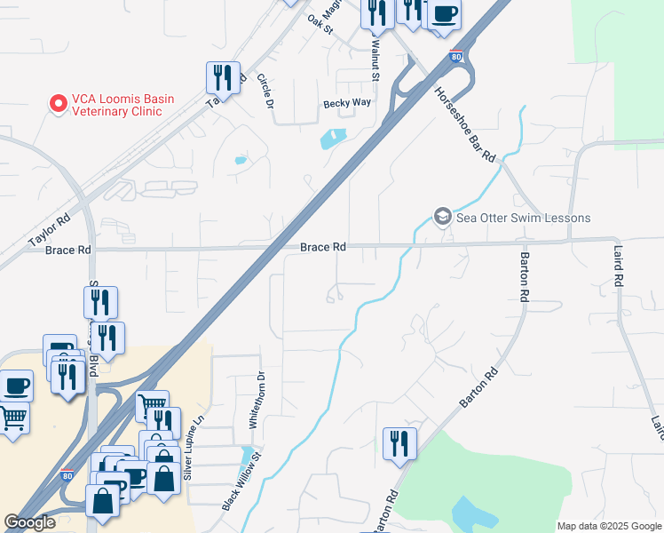 map of restaurants, bars, coffee shops, grocery stores, and more near 5854 Brace Road in Loomis
