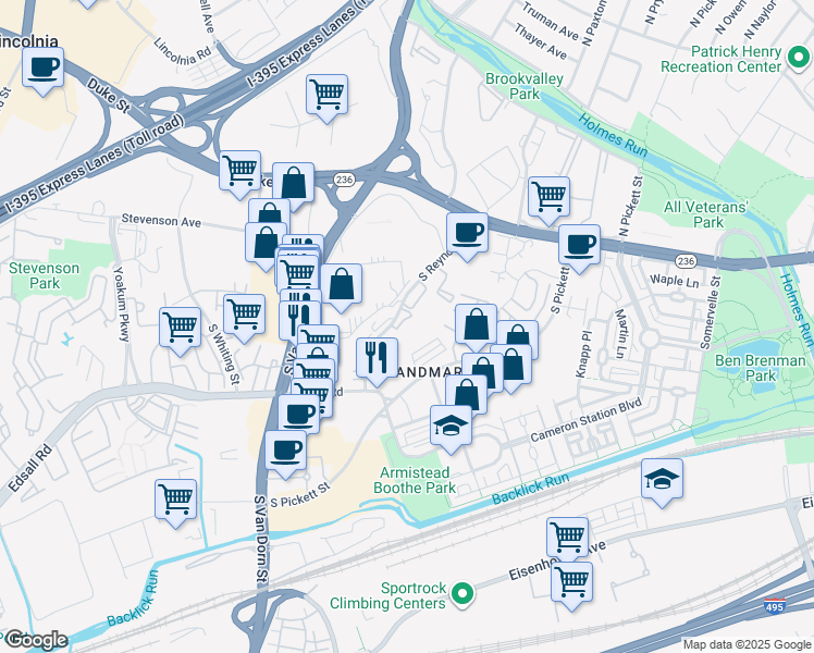 map of restaurants, bars, coffee shops, grocery stores, and more near 260 South Reynolds Street in Alexandria