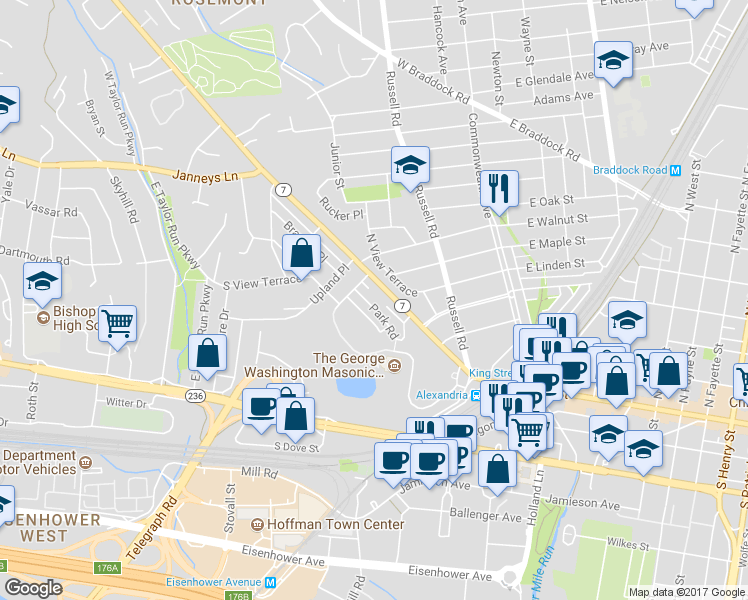 map of restaurants, bars, coffee shops, grocery stores, and more near 307 Park Road in Alexandria