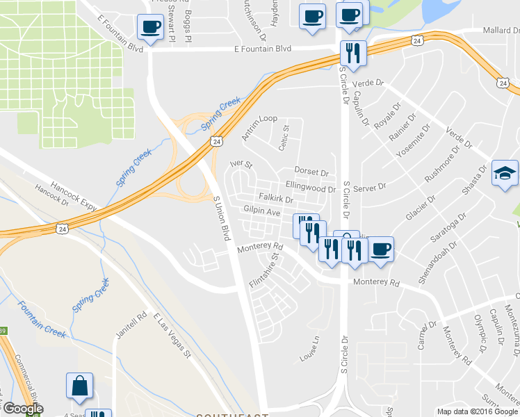 map of restaurants, bars, coffee shops, grocery stores, and more near 2197 Gilpin Avenue in Colorado Springs