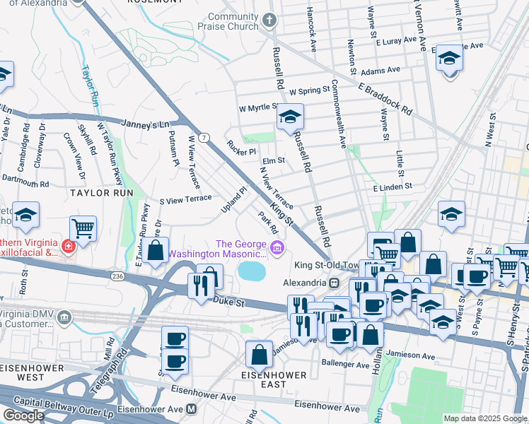 map of restaurants, bars, coffee shops, grocery stores, and more near 307 Park Road in Alexandria