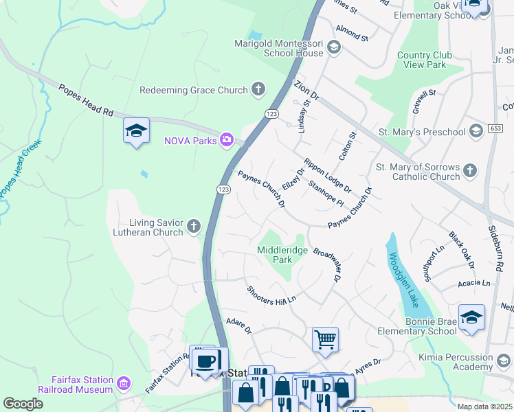 map of restaurants, bars, coffee shops, grocery stores, and more near 5420 Rumsey Place in Fairfax