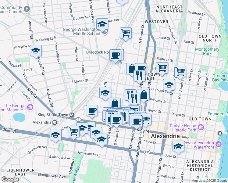 map of restaurants, bars, coffee shops, grocery stores, and more near 1403 Princess Street in Alexandria