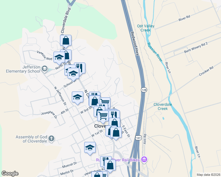 map of restaurants, bars, coffee shops, grocery stores, and more near 233 Triplett Drive in Cloverdale
