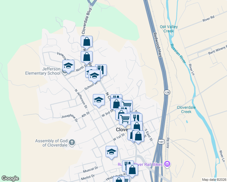 map of restaurants, bars, coffee shops, grocery stores, and more near 416 North Cloverdale Boulevard in Cloverdale