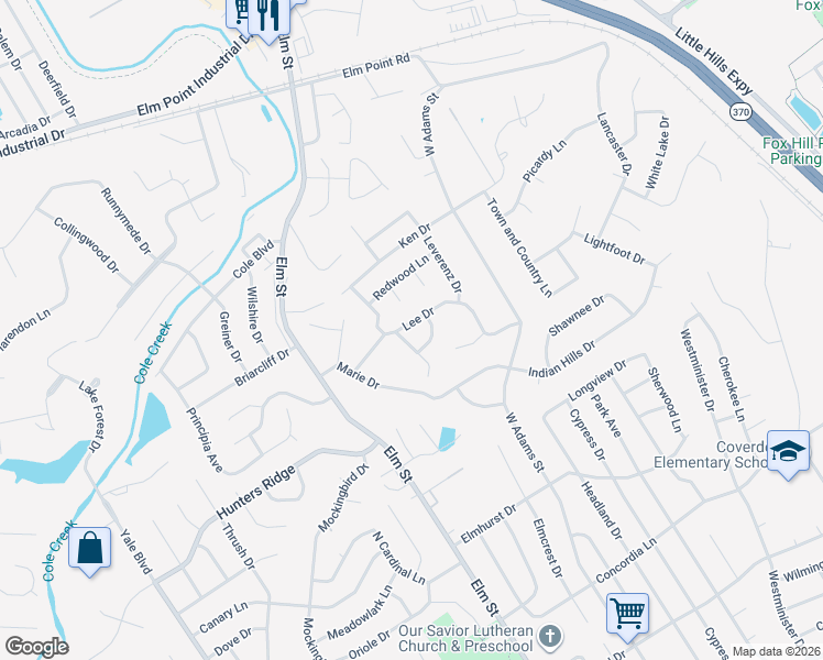 map of restaurants, bars, coffee shops, grocery stores, and more near 400 Lee Drive in Saint Charles