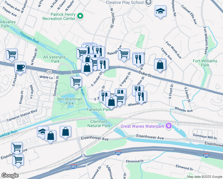 map of restaurants, bars, coffee shops, grocery stores, and more near 110 South Iris Street in Alexandria