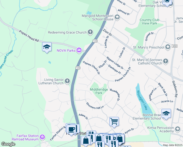 map of restaurants, bars, coffee shops, grocery stores, and more near 5422 Rumsey Place in Fairfax