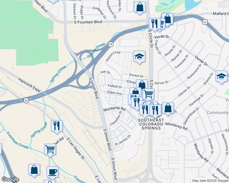 map of restaurants, bars, coffee shops, grocery stores, and more near 2264 Gilpin Avenue in Colorado Springs
