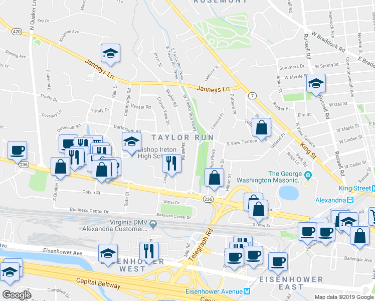 map of restaurants, bars, coffee shops, grocery stores, and more near 203 Skyhill Road in Alexandria