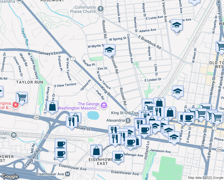 map of restaurants, bars, coffee shops, grocery stores, and more near 206 North View Terrace in Alexandria