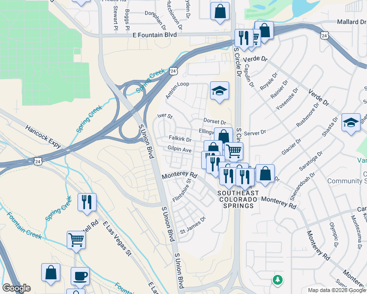 map of restaurants, bars, coffee shops, grocery stores, and more near 2197 Gilpin Avenue in Colorado Springs