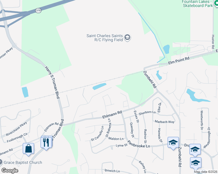 map of restaurants, bars, coffee shops, grocery stores, and more near 3018 Shady Oak Drive in Saint Charles
