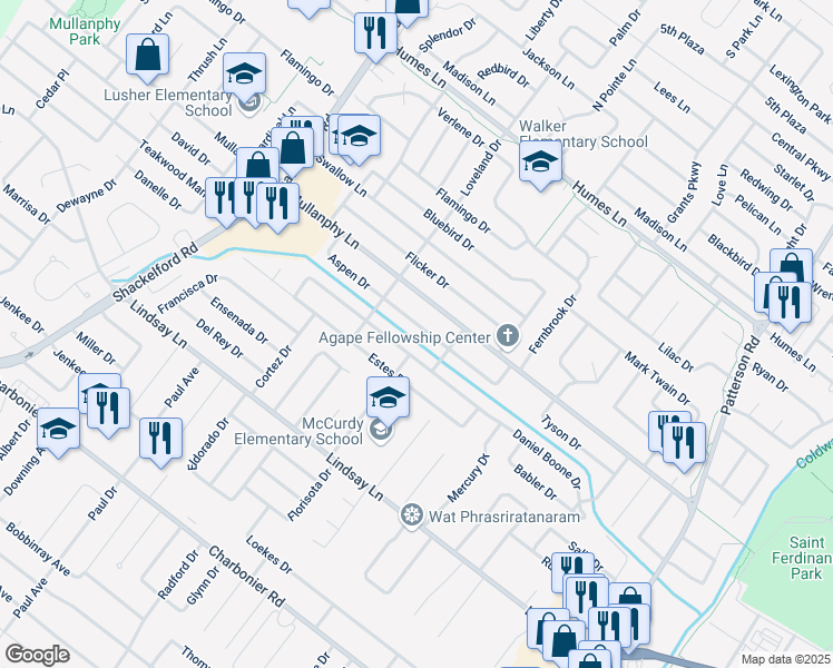map of restaurants, bars, coffee shops, grocery stores, and more near 1280 Aspen Drive in Florissant