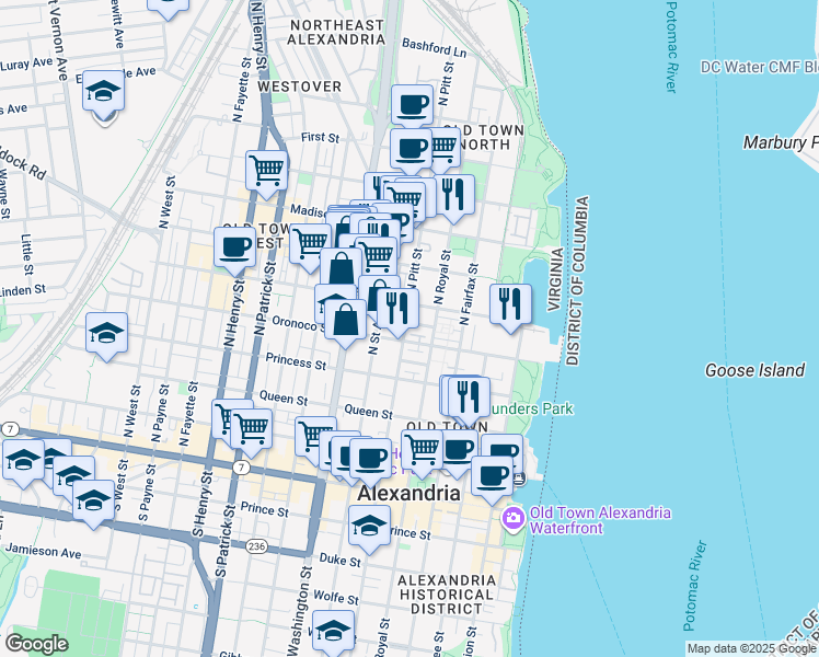 map of restaurants, bars, coffee shops, grocery stores, and more near 513 North Pitt Street in Alexandria