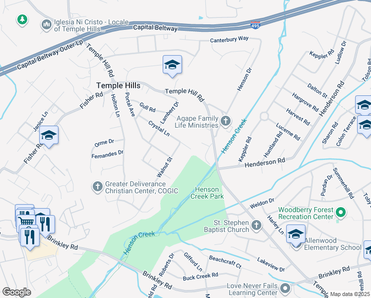 map of restaurants, bars, coffee shops, grocery stores, and more near 3905 Crystal Lane in Temple Hills
