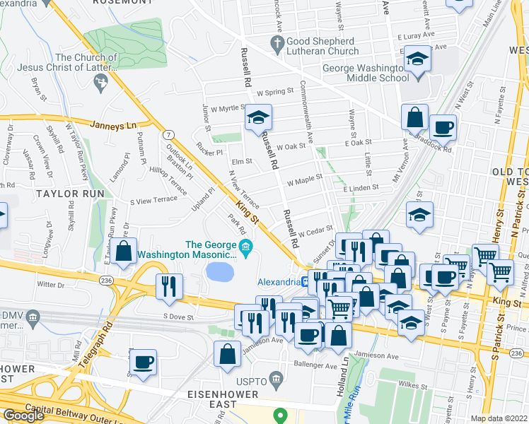 map of restaurants, bars, coffee shops, grocery stores, and more near 206 North View Terrace in Alexandria