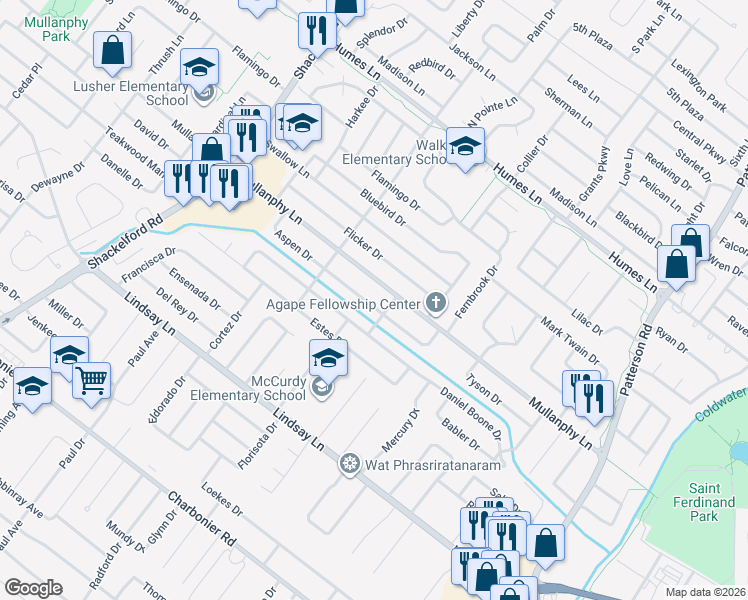 map of restaurants, bars, coffee shops, grocery stores, and more near 1241 Aspen Drive in Florissant
