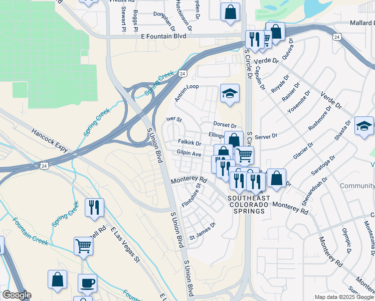 map of restaurants, bars, coffee shops, grocery stores, and more near 2197 Gilpin Avenue in Colorado Springs