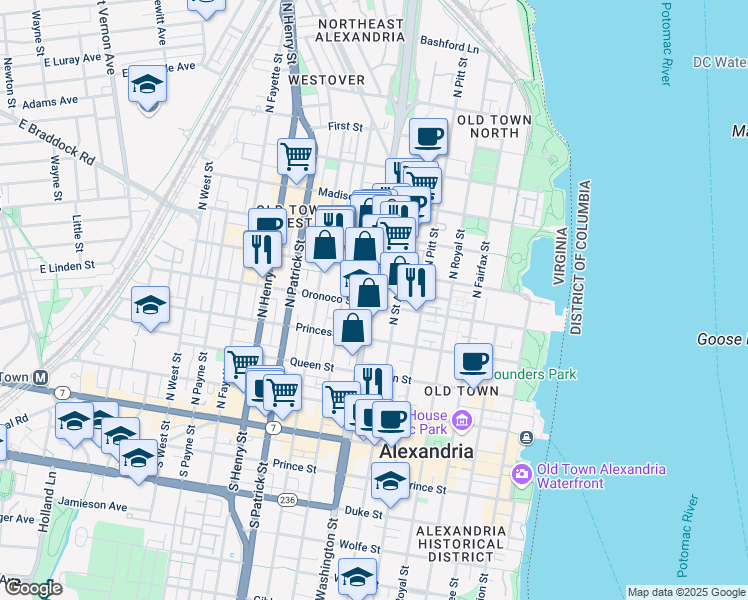 map of restaurants, bars, coffee shops, grocery stores, and more near 515 North Washington Street in Alexandria