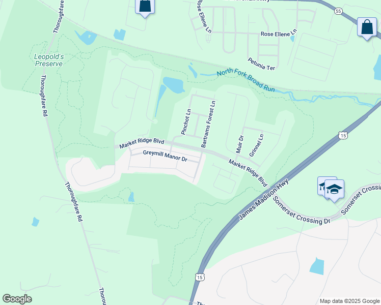 map of restaurants, bars, coffee shops, grocery stores, and more near 15818 Mackenzie Manor Drive in Haymarket