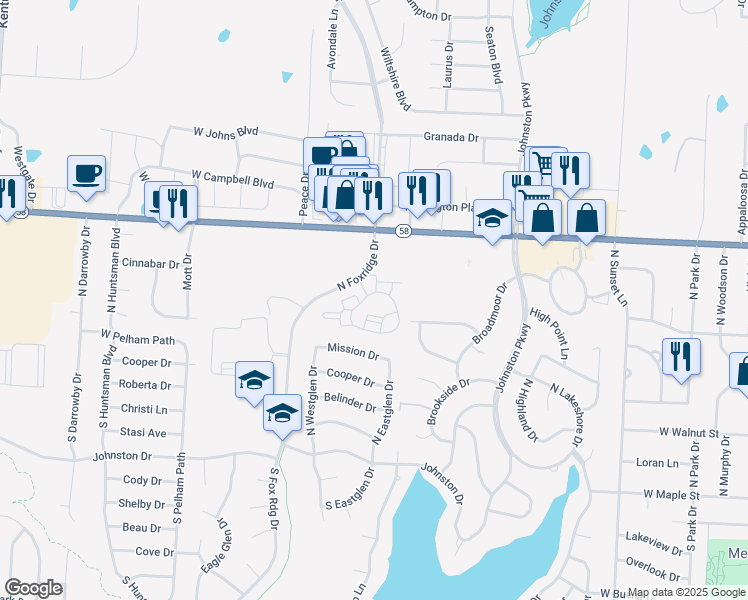 map of restaurants, bars, coffee shops, grocery stores, and more near 311 North Fox Ridge Drive in Raymore