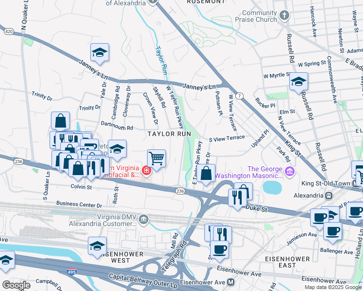 map of restaurants, bars, coffee shops, grocery stores, and more near 212 West Taylor Run Parkway in Alexandria