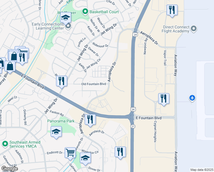 map of restaurants, bars, coffee shops, grocery stores, and more near 5095 Old Fountain Boulevard in Colorado Springs