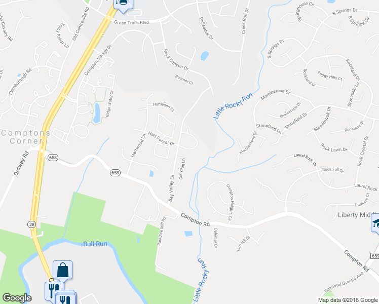 map of restaurants, bars, coffee shops, grocery stores, and more near 14157 Compton Valley Way in Centreville