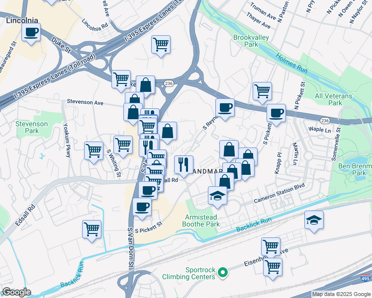 map of restaurants, bars, coffee shops, grocery stores, and more near 301 South Reynolds Street in Alexandria