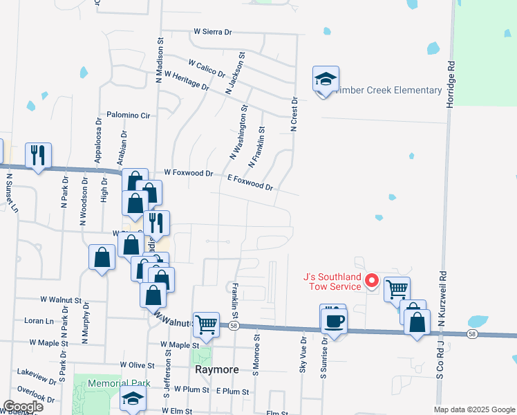 map of restaurants, bars, coffee shops, grocery stores, and more near 121 East Foxwood Drive in Raymore