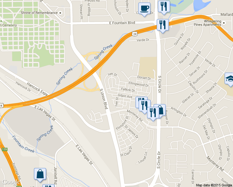 map of restaurants, bars, coffee shops, grocery stores, and more near 2197 Gilpin Avenue in Colorado Springs
