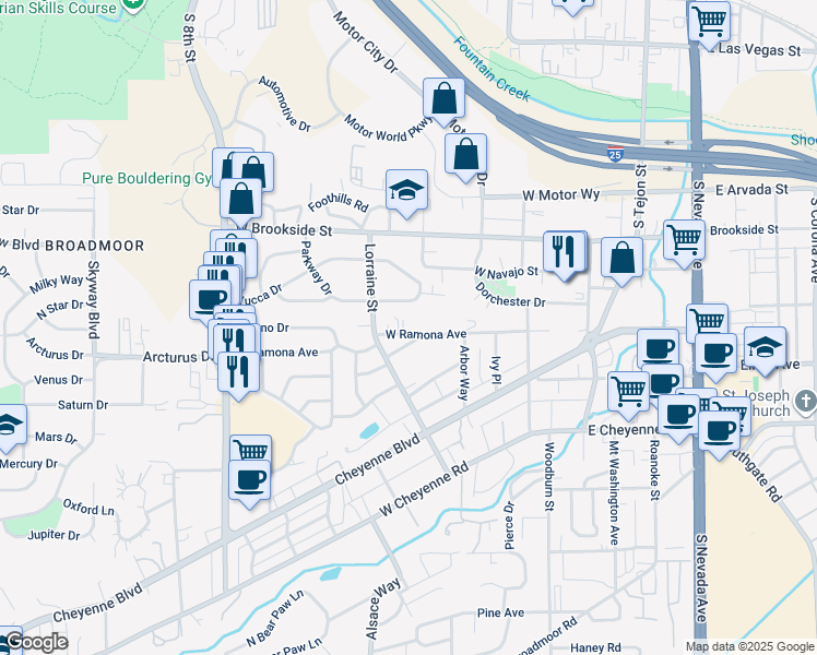 map of restaurants, bars, coffee shops, grocery stores, and more near 229 Crestone Avenue in Colorado Springs