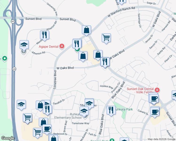 map of restaurants, bars, coffee shops, grocery stores, and more near 6020 West Oaks Boulevard in Rocklin