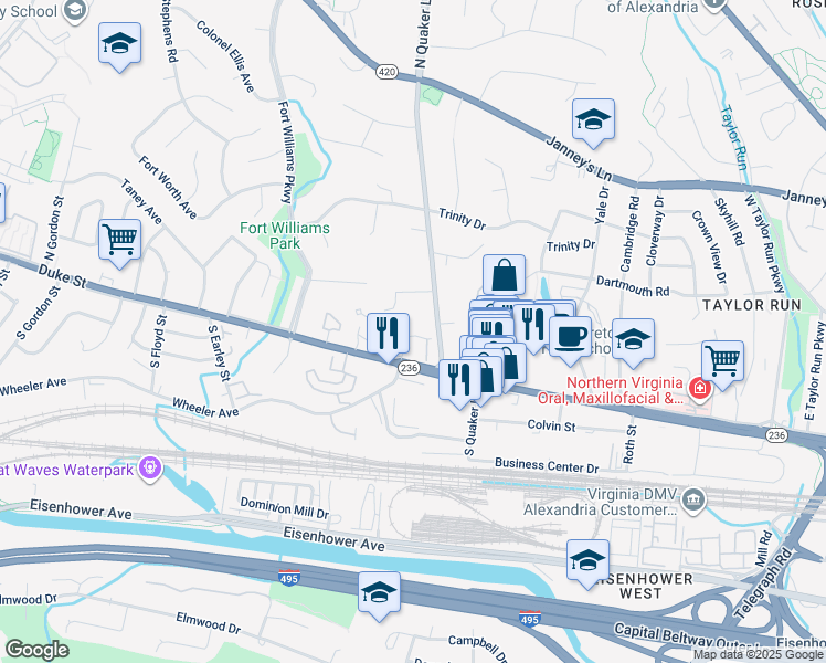 map of restaurants, bars, coffee shops, grocery stores, and more near 71 Arell Court in Alexandria